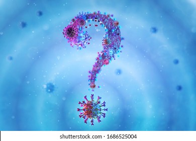 Coronavirus COVID-19 infection 3D question mark illustration. Floating pathogen respiratory influenza covid19 corona virus cells. Coronavirus pandemic crisis FAQ, what to do tips questions background