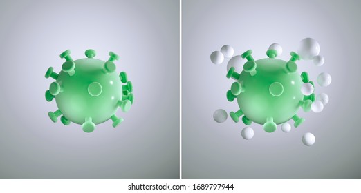 Coronavirus (Covid-19) Isolated And White Blood Cells Attacking Viruses, Bacteria, And Other Foreign Invaders That Threaten Your Health. Minimal Cartoon 2019-nCov Novel Coronavirus Concept 3d Render.