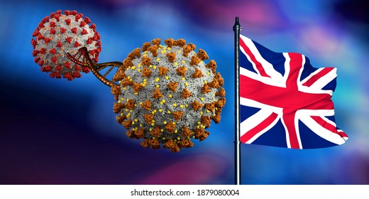 Coronavirus Covid-19 Mutation With Flag Of Great Britain. Extremely Detailed And High Resolution 3d Render