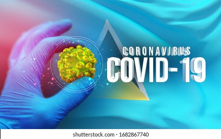 Coronavirus COVID-19 outbreak concept, health threatening virus, background waving national flag of St. Lucia. Pandemic stop Novel Coronavirus outbreak covid-19 3D illustration.