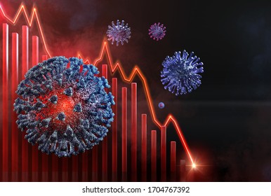 Coronavirus Covid-19 Pandemic Impact On Global Economic Recession, Financial Crisis, Stock Market Crash, World Economy Decrease, Unemployment. Corona Virus Flu Cells, Shutdown Charts Collapse 3D Image