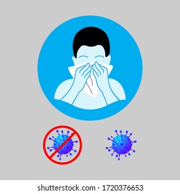 Coronavirus COVID-19 Prevention Cough Elbow, Cover Your Mouth And Nose With Forearm Or Towel When Sneeze Or Cough, Man With Coronavirus Flu Cover His Mouth With Forearm While Sneezing Or Coughing