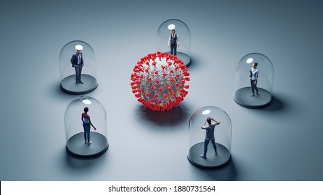 Coronavirus Covid19 protection - Isolated people under glass cover - Social distancing concept. 3D Illustration - People are 3D Models with CC0-License