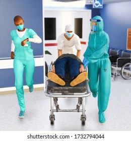 Coronavirus Covid-19 Quarantine Patient On Stretcher Rushed Into A Emergency Room By Doctors And Nurses, 3d Render.