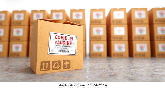 Coronavirus Covid-19 Vaccine Transport, Shipping And Delivery. Boxes Ready For Distribution. 3D Illustration