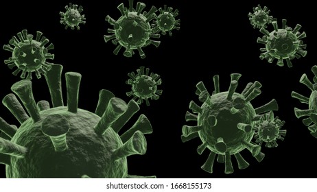 Coronavirus Covid-19 virus green color with black background.
