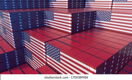 Coronavirus Crisis. U.S. Economy. Import Export Business. Stacked Cargo Containers. Flag Of The United States. 3D Rendering