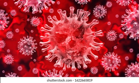 Coronavirus danger and public health risk disease and flu outbreak or coronaviruses influenza as dangerous viral strain case as a pandemic medical concept with dangerous cells as a 3D render.