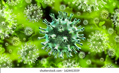 Coronavirus deadly outbreak and coronaviruses influenza background as dangerous flu strain cases as a pandemic medical health risk concept with disease cells as a 3D render.