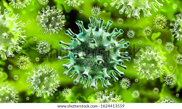 Coronavirus deadly outbreak and coronaviruses influenza background as dangerous flu strain cases as a pandemic medical health risk concept with disease cells as a 3D render.