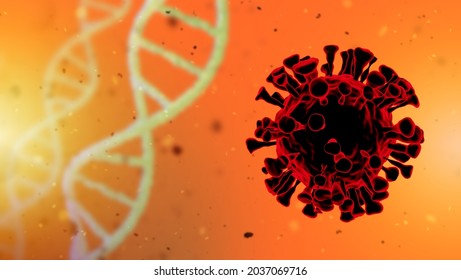 Coronavirus And DNA Strands - Medical 3D Illustration. The Effect Of Coronavirus On The Human Genome. Coronavirus Disease COVID-19 And Dna Cell, 3D Rendering Of Virus. Orange Background. 