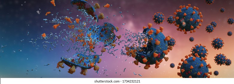 Coronavirus epidemic, Covid-19 viruses destroyed by soap (3d microbiology render banner)  