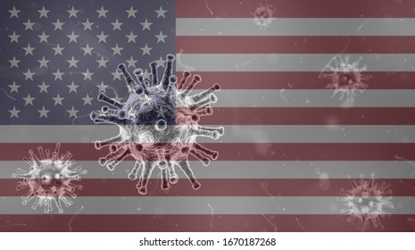 Coronavirus, Flag Of USA. Epidemic Covid-19 In United States Of America