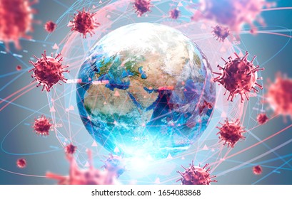 Coronavirus flu ncov over Earth background and its blurry hologram. Concept of cure search and global world. 3d rendering toned image. Elements of this image furnished by NASA