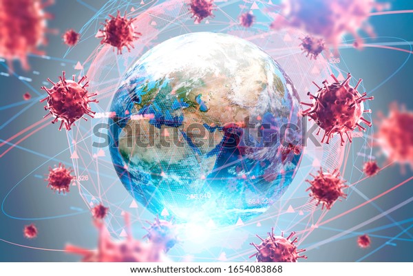 Coronavirus flu ncov over\
Earth background and its blurry hologram. Concept of cure search\
and global world. 3d rendering toned image. Elements of this image\
furnished by\
NASA