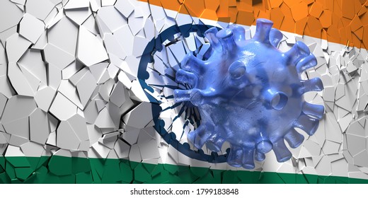 Coronavirus Hit India. Covid 19 Breaking Indian Flag Wall. Pandemic Outbreak Crisis, Lockdown, Indian Economy Business Recession. 3d Illustration