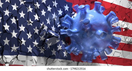 Coronavirus Hit USA. Covid 19 Breaking US America Flag Wall. Pandemic Outbreak Crisis, United States Lockdown, Economy, Finance, Business Recession. 3d Illustration