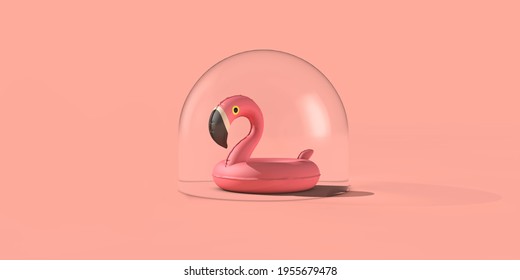 Coronavirus Holiday Travel Bubble. Flamingo In A Protective Bubble 3D Rendering