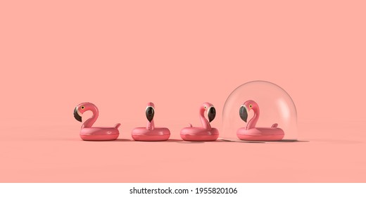 Coronavirus Holiday Travel Bubble. Flamingo In A Protective Bubble 3D Rendering