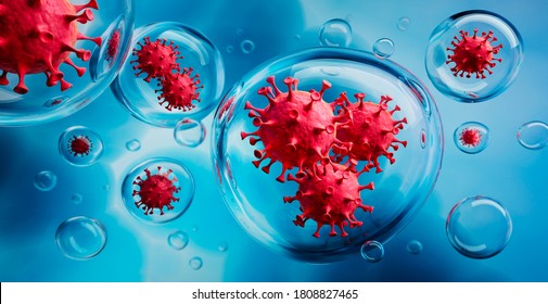 Coronavirus Inside Aerosol Particles With Blue Background - 3D Illustration