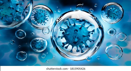 Coronavirus Inside Aerosol Particles With Blue Background - 3D Illustration