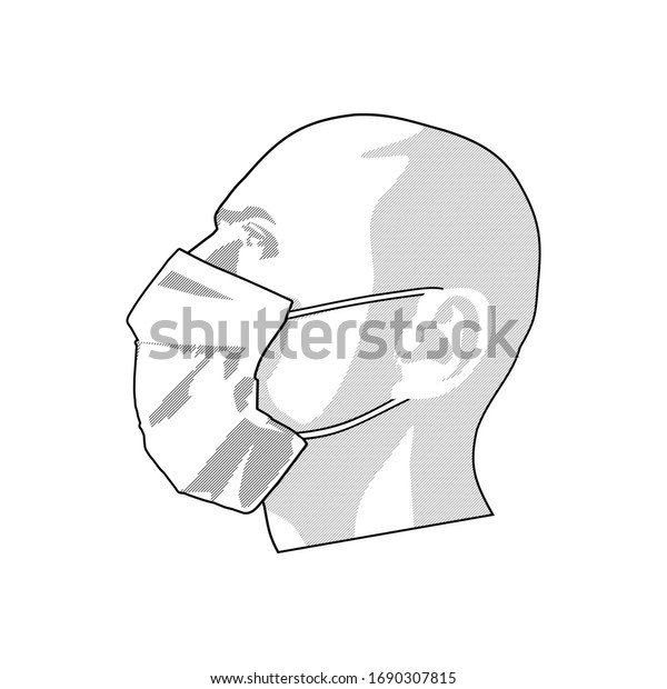 コロナウイルス 横向きの防具マスクの男性 スタイル化したエンブレム Covid 19 医療用マスクの若い男性 線形の白黒の絵 顔を覆い 予防 パンデミック 欠乏 呼吸器 のイラスト素材