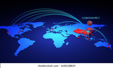 Coronavirus Map, Tracking The Spread Of The Outbreak In The World Map 3d Illustration