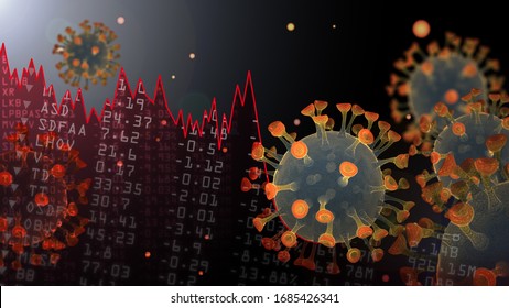 Coronavirus Market Crash Illustration With Stocks Positions And Tables Going Down With Stocks Loss Presented. Covid-19 Molecule Crashing The Graph Of The Economics