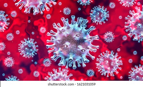 Koronavirus-Ausbruch und Koronviren-Grippe-Hintergrund als gefährliche Grippe-Stammzellen als pandemisches medizinisches Gesundheitsrisiko-Konzept mit Krankheitszellen als 3D-Rendering