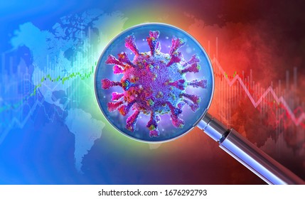 Coronavirus Outbreak World Economy Impact Image With Downtrend Charts,  Financial Investment Graphs Recession, Display Of Stock Market Crash Price Data. Covid-19 Corona Flu Virus Pandemic 3D Concept