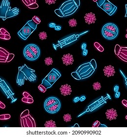Coronavirus Pandemic Seamless Pattern With Neon Medical Face Mask, Covid-19 Virus, Syringe, Vaccine Icons On Black Background. Medicine, Health Care, Viral Infection Protection Concept. Illustration.