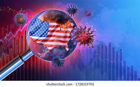 Coronavirus Pandemic United States Economy Impact 3D Concept. USA Economy Background With Covid-19 Ncov Corona Virus, American Flag, Downtrend Charts, Display Of Daily Stock Exchange Market Price Data