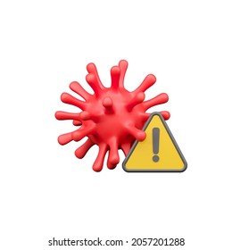 Coronavirus Protection Warning 3d Icon. Corona Virus And Exclamation Mark Sign. 3d Illustration, Health Guidelines, Prevention And Advice To Stay