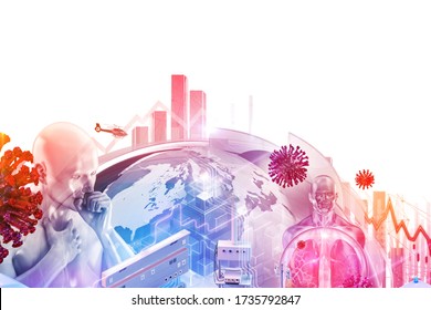 Coronavirus SARS-CoV-2 Covid-19 3D Collage Design Background: Coronavirus Ncov Covid 19 Cells, Patient, Stock Exchange Economy Market Data. Corona Virus Pandemic Health Crisis, World Economics Impact