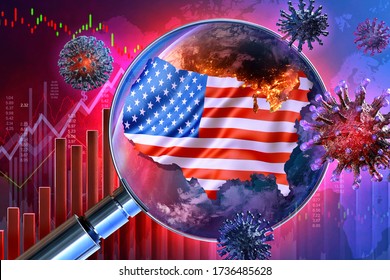 Coronavirus SARS-CoV-2 Pandemic United States Economy Impact. USA Economy 3D Background: Covid-19 Ncov Corona Virus, American Flag, Downtrend Charts, Display Of Daily Stock Exchange Market Price Data