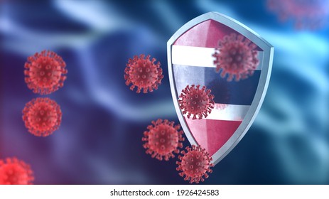 Coronavirus Sars-Cov-2 Safety Barrier. Steel Shield Painted As Thailand National Flag Defend Against Cells, Source Of Covid-19 Disease. Security Armor, Virus Protection Concept. 3D Rendering