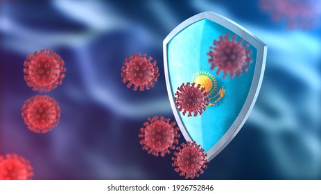 Coronavirus Sars-Cov-2 safety barrier. Steel shield painted as Kazakhstan national flag defend against cells, source of covid-19 disease. Security armor, virus protection concept. 3D rendering