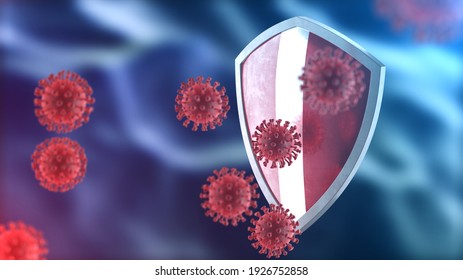 Coronavirus Sars-Cov-2 Safety Barrier. Steel Shield Painted As Latvia National Flag Defend Against Cells, Source Of Covid-19 Disease. Security Armor, Virus Protection Concept. 3D Rendering