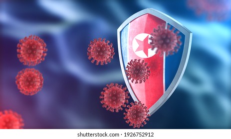 Coronavirus Sars-Cov-2 Safety Barrier. Steel Shield Painted As North Korea National Flag Defend Against Cells, Source Of Covid-19 Disease. Security Armor, Virus Protection Concept. 3D Rendering
