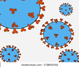 Coronavirus Sars-Cov-2 Virus Covid-19. Illustration. Drawing of several virus particles floating around on white background.