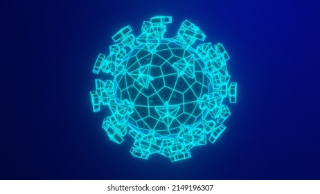 Coronavirus SARS-CoV-2 Virus. Electron Microscope Enlargement Size Computer Model, 3D Rendering. Low Poly Glowing Model.