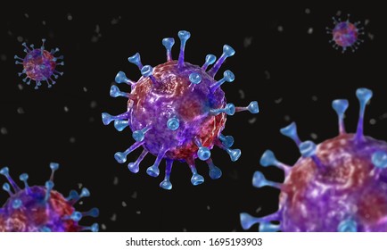 Coronavirus Scene, Virus In A Cellular Environment, Microscopic Cell, 3D Rendering Of Virus