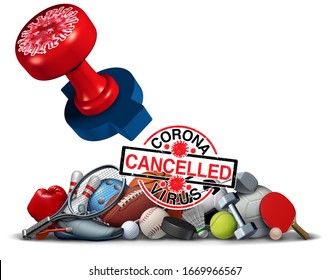 Coronavirus sports cancelled concept and covid 9 sporting events cancellation as sport game gatherings are postponed or disrupted due to the virus outbreak as a stamp mark as a 3D illustration.
