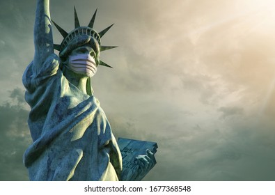 Coronavirus in the United States. 3D Statue of Liberty in medical mask. Pathogen coronavirus flu covid-19 outbrake in United States of America, corona virus pandemic US quarantine background concept