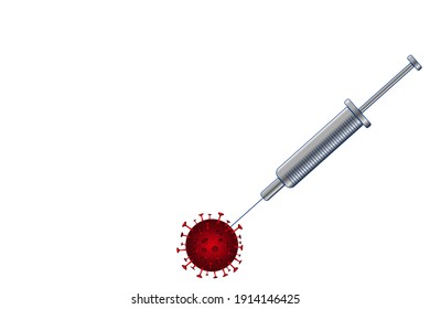 A Coronavirus Vaccine Syringe With The Needle Piercing A Covid Cell On A White Background