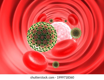 Coronavirus Viral Infections, Red Blood Cells Viral Infection. 3d Illustration	