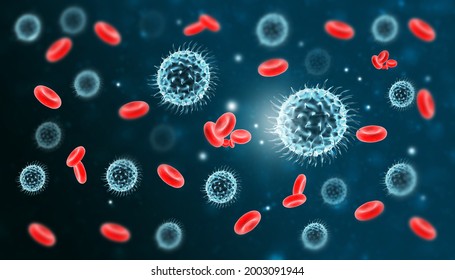 Coronavirus Viral Infections, Red Blood Cells Viral Infection. 3d Illustration	