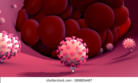 Coronavirus Or Virus Causing Blood Clots To Form In The Blood System. Clot In Blood Vessels, Arteries And Capillaries.3d Illustration