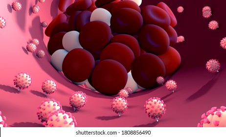 Coronavirus Or Virus Causing Blood Clots To Form In The Blood System. Clot In Blood Vessels, Arteries And Capillaries.3d Illustration