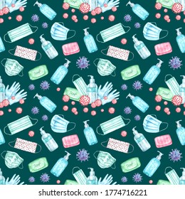 Coronavirus Watercolor Seamless Pattern. Prevention Of The Disease, Medicine, Hygiene, Sanitation. Health Care. Soap, Mask, Antiseptic, Gloves, Bacteria Covid, Soap. On A Dark Background. Print